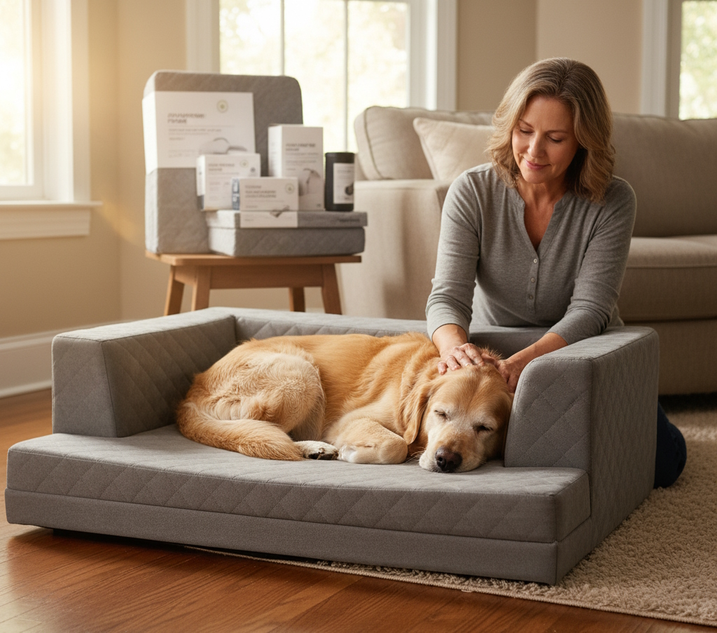 Senior dog resting comfortably on an orthopedic bed