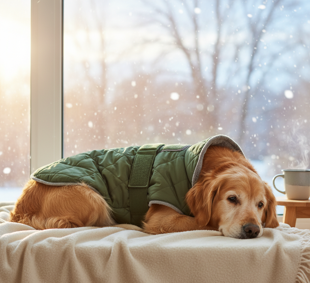 Senior dog wearing a warm jacket on a cold walk