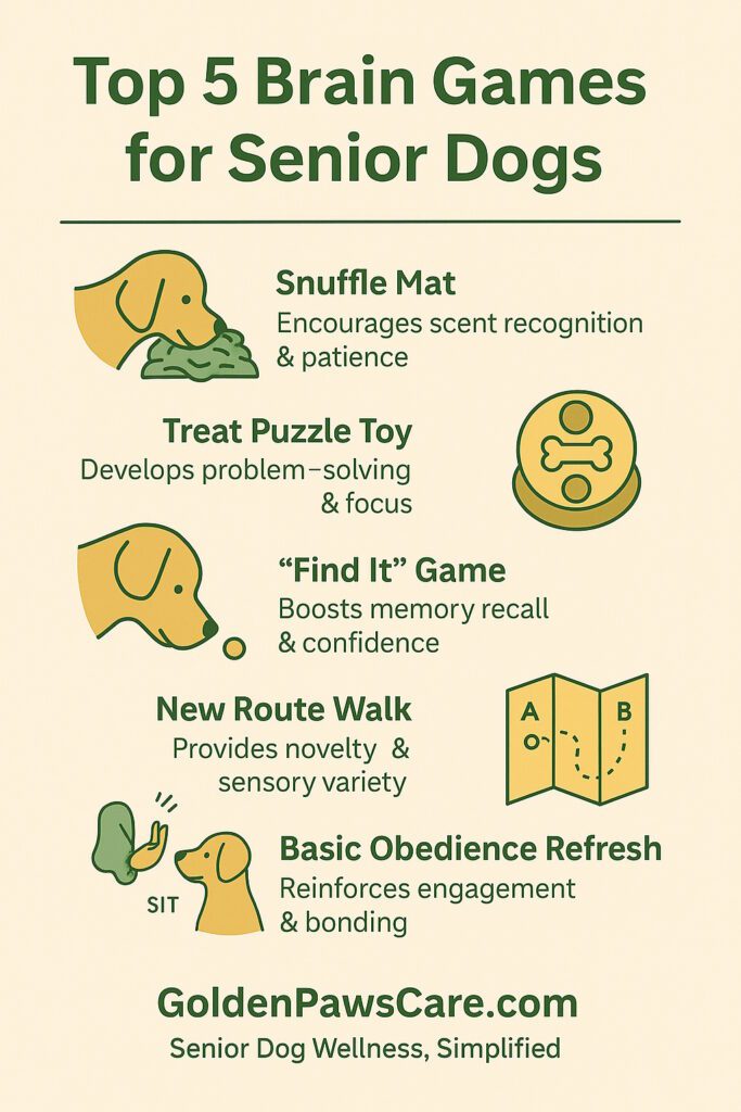 Infographic showing top 5 brain games for senior dogs – GoldenPawsCare.com