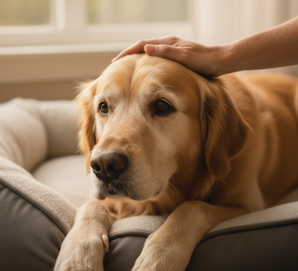 Senior dog resting comfortably at home