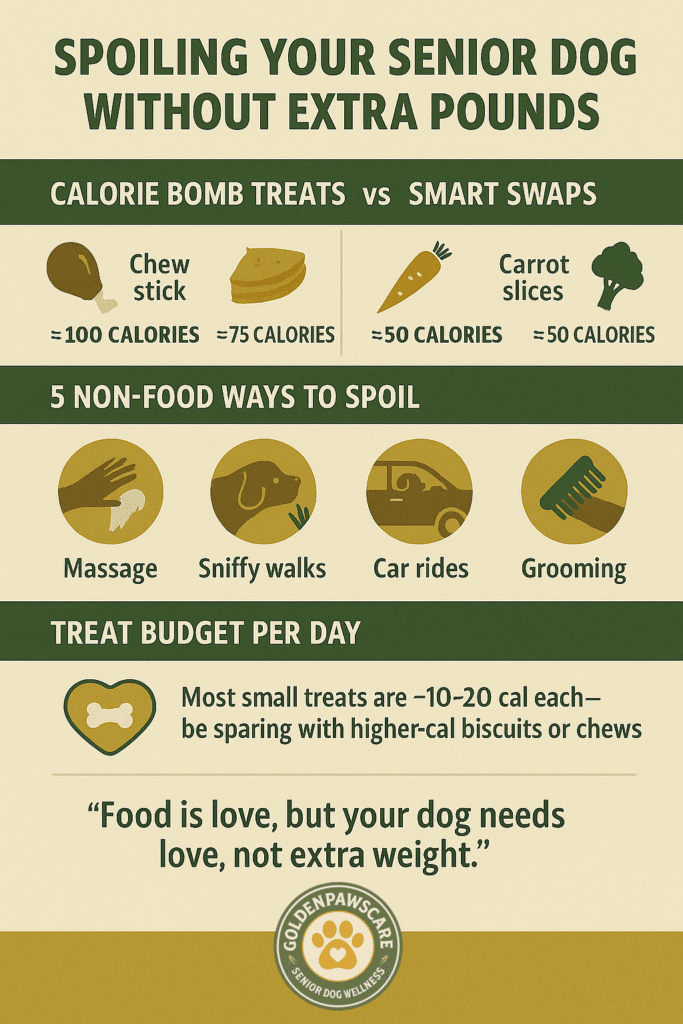 Infographic showing how treat calories add up for senior dogs, including 5-kcal, 10-kcal, and 25-kcal comparisons.