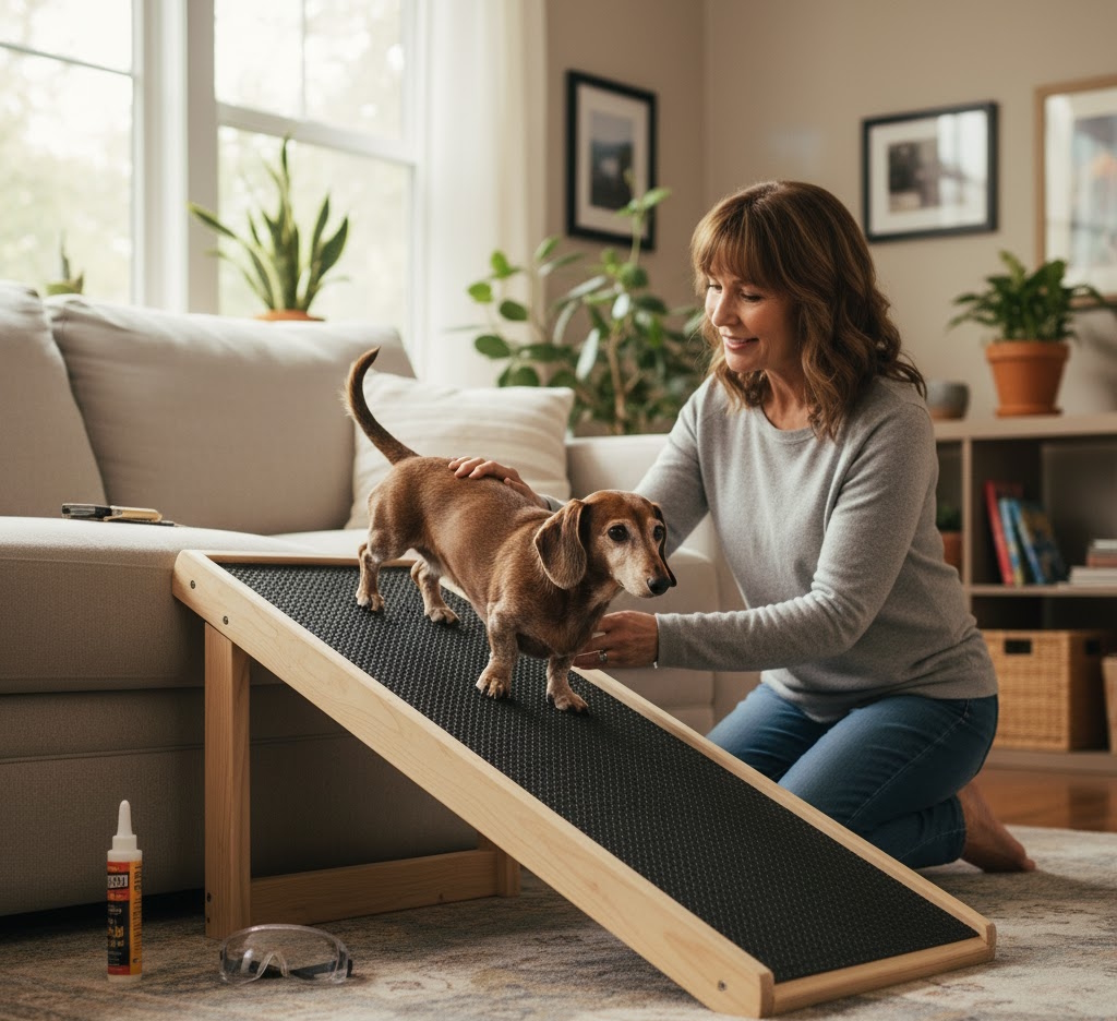 Senior dog tests out the ramp